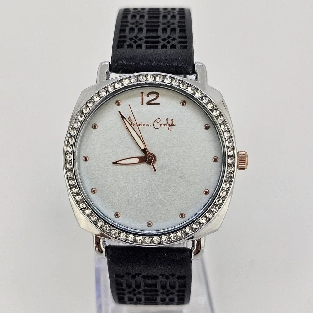 Jessica Carlyle 36MM Women Watch White Dial Crystal Bezel Black Bands NewBattery